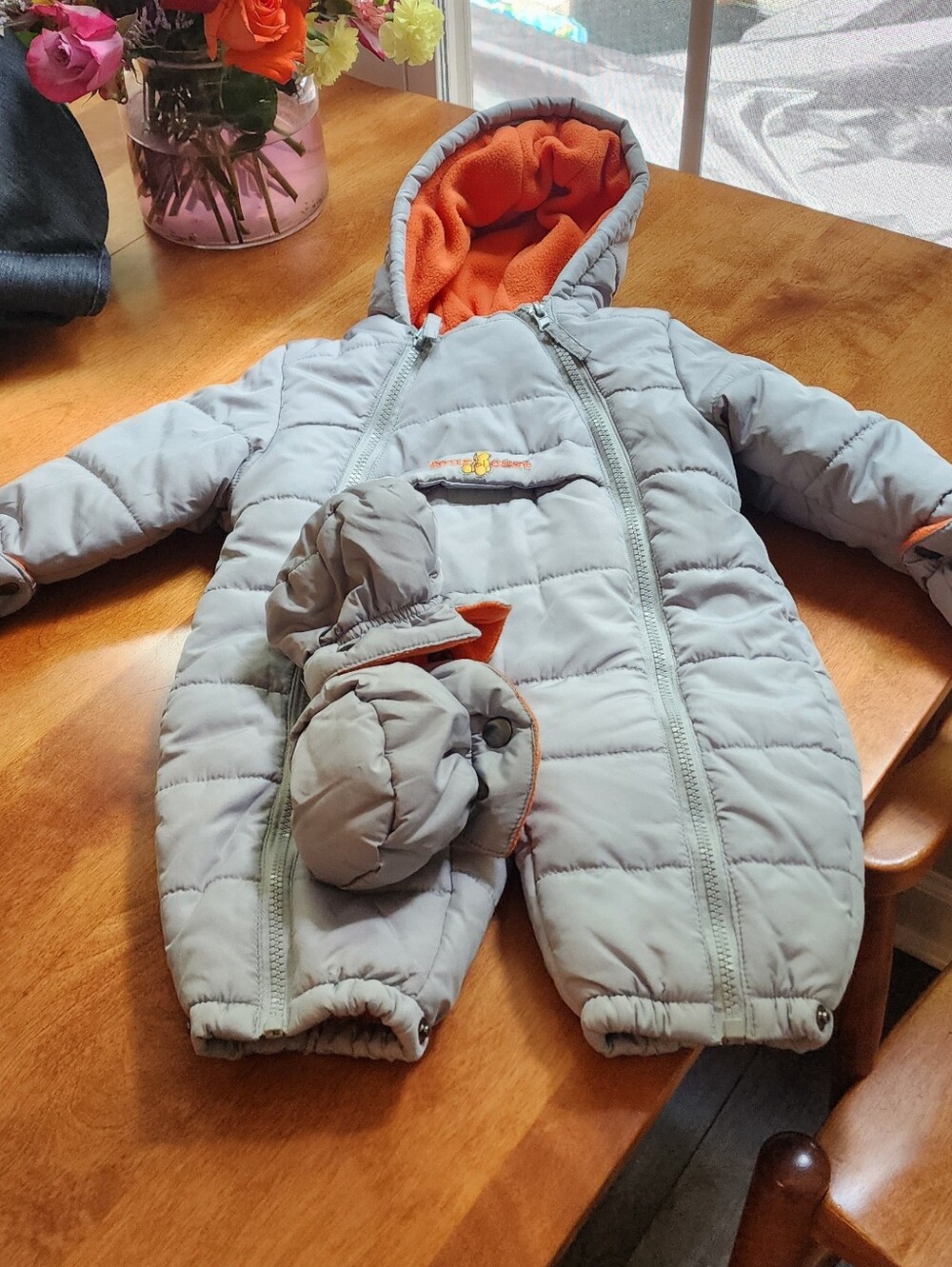 Unbranded Kids Gray & Orange Puffer Snowsuit with Hood